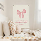 Bible Verses Wall Decor,Pink Coquette Bow Linen Canvas Banner,Christian Wall Art I Am Fearfully And Wonderfully Made Wall Hanging Flag for Kids Girl Bedroom Living Room Dorm 18x25 Inch