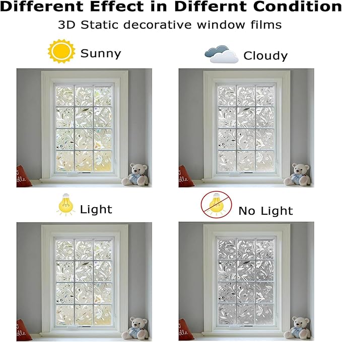 LEMON CLOUD Window Film, Decorative Window Privacy Film, 3D Stained Glass Window Sticker,Anti-UV Sun Blocker Heat Control for Home(Rainbow Tulip Design,23.6 x 111.8 inches)