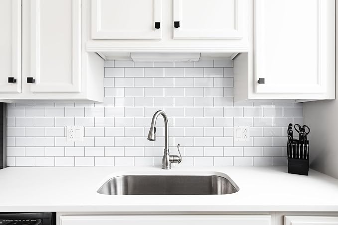 100 Pieces Peel and Stick Backsplash for Kitchen, 3" x 6" PVC Subway Tile 2025 Upgraded Glossy White with Dark Gray Grout Backsplash Stick on Tile Elevate Kitchen, Bathroom, Fireplace,RV