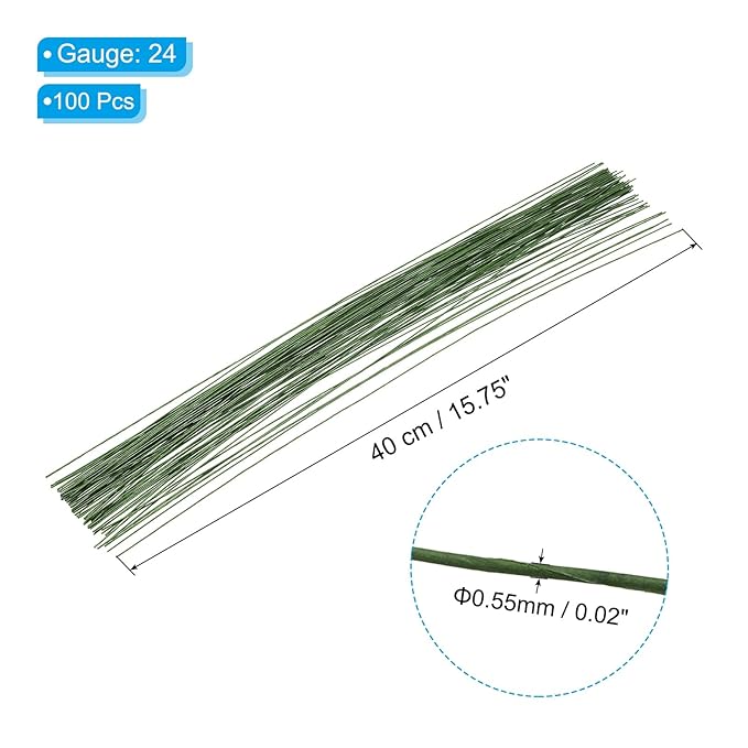 PATIKIL 24 Gauge 16" Floral Stem Wire, 100 Pcs Paper Wrapped Iron Artificial Flower Stem Accessories for DIY Bouquet Stem and Craft Decoration, Dark Green