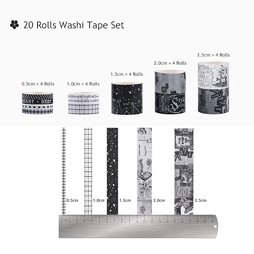 Dizdkizd Black and White Washi Tape Set, 20 Rolls Gothic Aesthetic Japanese Washi Tape Wide Scrapbooking Supplies Decorative Tape for Journaling, Planner, DIY Crafts