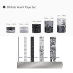 Dizdkizd Black and White Washi Tape Set, 20 Rolls Gothic Aesthetic Japanese Washi Tape Wide Scrapbooking Supplies Decorative Tape for Journaling, Planner, DIY Crafts