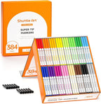 Shuttle Art 384 Pack Washable Super Tips Markers, 16 Assorted Colors Conical Tip Large Markers Bulk with a Box, Bonus Caps, Home Classroom School Supplies for Toddlers Kids Adults Students Teachers