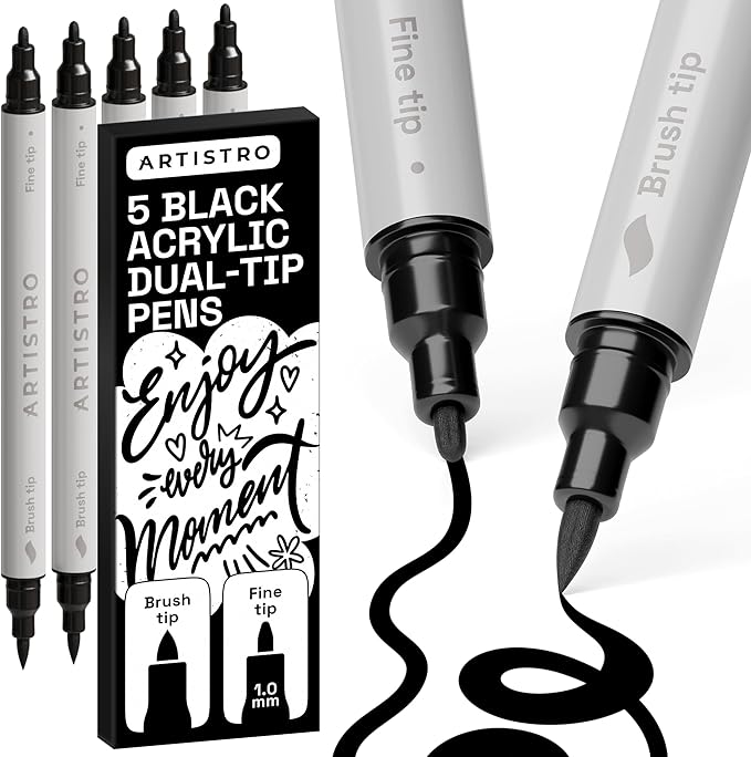 ARTISTRO 5 Black Dual Tip Brush + Fine Acrylic Paint Markers - Easy for All Ages & Levels Paint Pens for Fabric, Rock, Glass, DIY - Halloween Pumpkin Painting Kit, Art Supplies, Christmas Gift