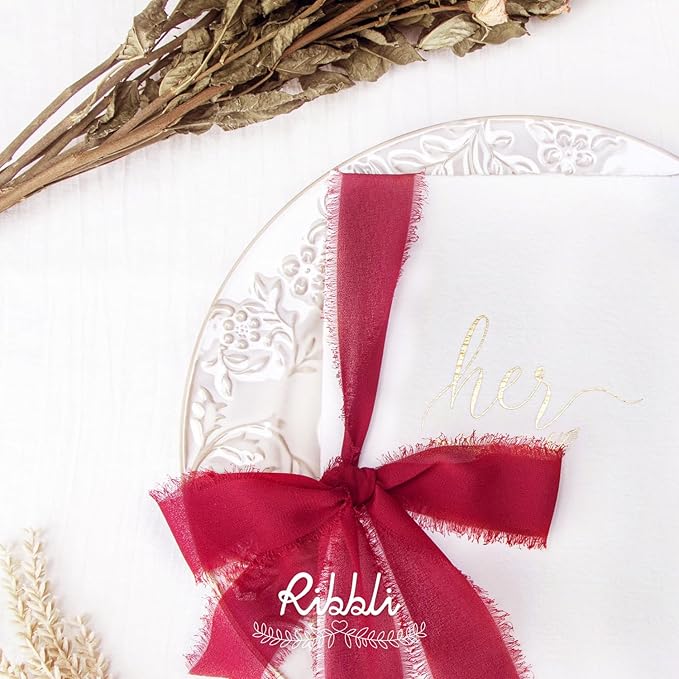 Ribbli Dark Red Chiffon Ribbon 1-1/2 inch x 20 Yard Handmade Fringe Chiffon Silk Ribbon,Dark Red Ribbon for Wrapping, Wedding Invitations, Bridal Bouquets, Home Decor