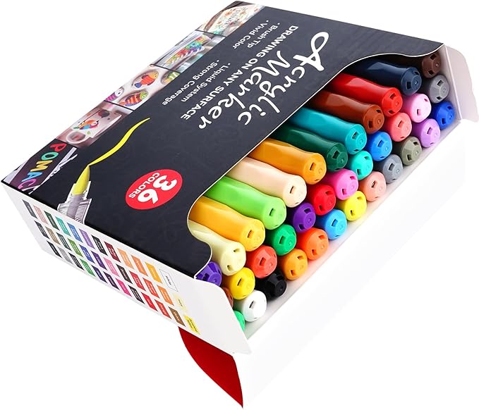 POMAC 36 Colors Acrylic Paint Markers, Water-Based Acrylic Pens Brush Tip, Art Drawing Liquid Paint Pens for Fabric, Canvas, Rock, Glass, Wood, Paper, DIY Crafts and Art Supplies