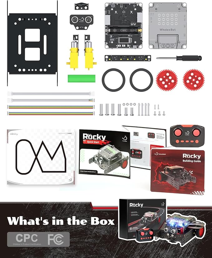 WhalesBot Rocky Smart Robot Car Coding & Remote Control Kit for Kids 8-16, STEM, Modular/Scratch/Python/C Programming, Educational Engineering Science Toy Set