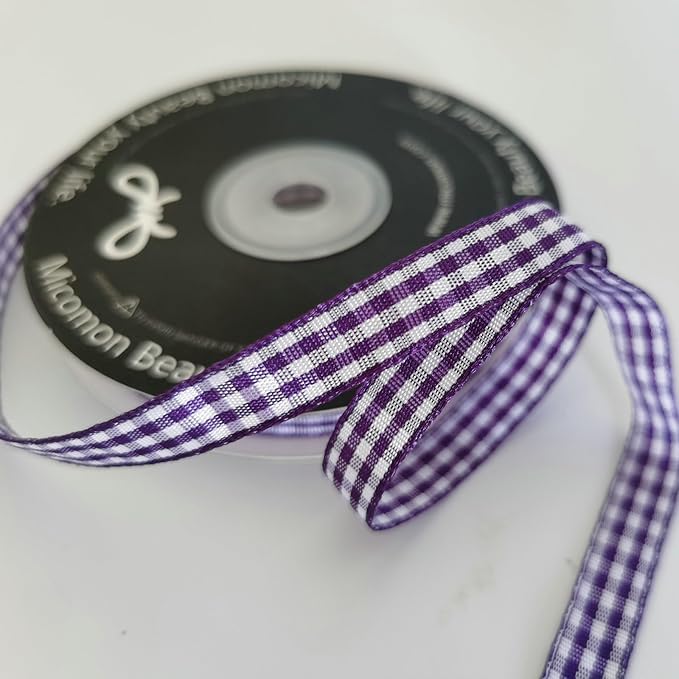 Micomon Dark Purple and White Woven Edge Plaid Ribbon 100% Polyester Gingham Ribbon 25 Yards Each Roll (3/8",Grape)