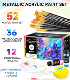 52 PCS Metallic Acrylic Paint Set with 12 Brushes, 2 Knives & Palette, 36 Colors (2oz/60ml) Art Craft Paint for Adults Kids Artists Beginners, Halloween Pumpkin Canvas Ceramic Rock Painting Kit