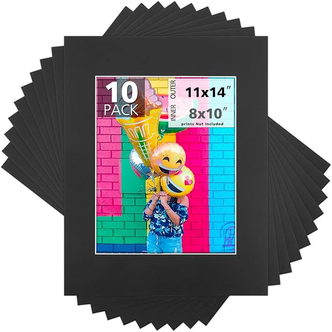 Mat Board Center, Pack of 10, 11x14 for 8x10 Black Color Mats - Bevel Cut, Acid Free, 4-ply Thickness, White Core - for Pictures, Photos, Framing