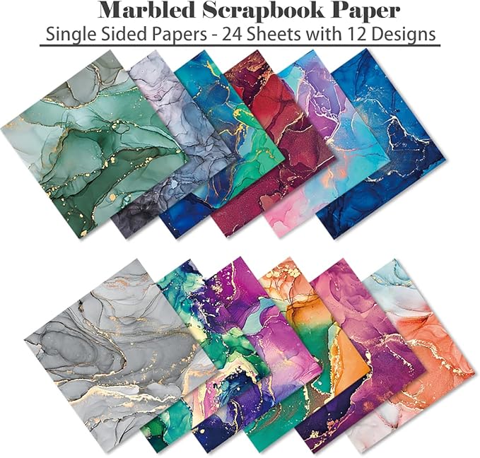 YASMEN Scrapbook Paper Pad 6×6, Marbled Pattern Watercolor Paper, 24 Sheets Single-Sided Colorful Cardstock Paper, Craft Card Making Paper Pack Scrapbooking Journal Supply Designer Art Paper Pad