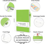 feela 5 Pack Notebooks Journals Bulk, Hardcover Notebook Classic Ruled Lined Journals with Pen Holder for Women Girls School Business Supplies, with 5 Black Pens, 120 GSM, 5.1”x8.3”, A5, Green
