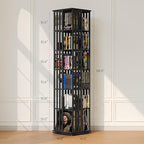 XIMN 360° Rotating Bamboo CD/DVD Shelf - 6-Tier Space-Saving Media Storage Cabinet for Movies, Organizer with Super Compact Design (Black, 6 Tier)
