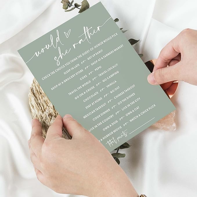 Bridal Shower Games Cards, Would She Rather Bridal Shower Game for 25 Guests, Engagement Party Wedding Games for Guests, Minimalist Green Wedding Party Supplies - C11