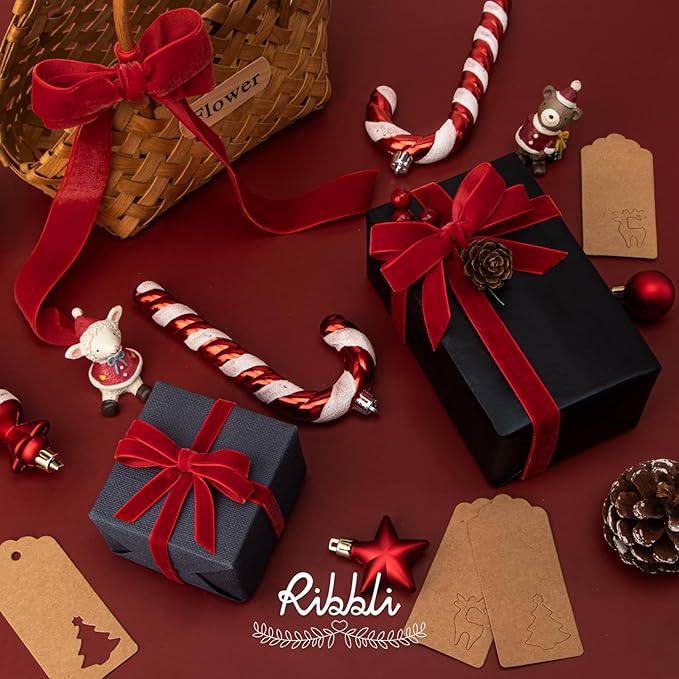 Ribbli Polyester Red Velvet Ribbon,5/8 Inches Continuous10-Yard Spool,Christmas Ribbon for Gift Wrapping,Floral Bouquets, Home Decor