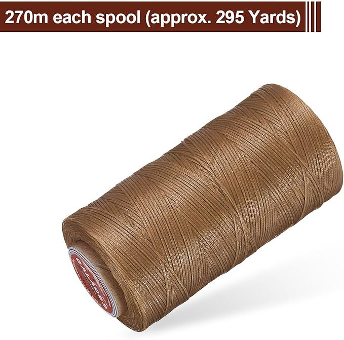 uxcell Flat Leather Sewing Waxed Thread, 270m / 295 Yards Polyester Wax String, 150D Wax Stitching Cord for Leather Crafts, Bookbinding, Bracelets Braided, Khaki Brown