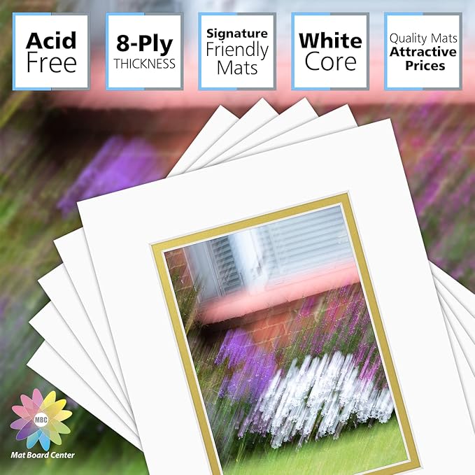 Mat Board Center, Double Mat - Acid Free, 8-ply Thickness, White Core - for Pictures, Photos, Framing (Off White Over Gold, 8x10 for 5x7, Pack of 5)