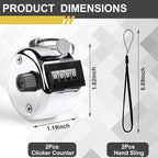 2PCS Premium One Hand Counter Clicker, Silver Metal Clicker Counter, Manual Mechanical People Counter Clicker with Nylon Lanyard, 4-Digit Number Count Tally Counter Clicker for Golf, Lap & Row Etc.