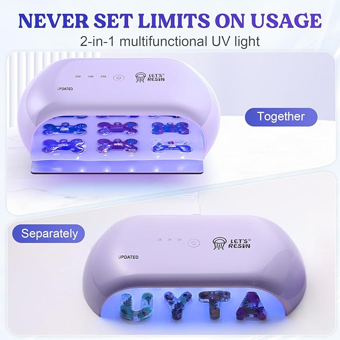LET'S RESIN UV Light Advanced,Two-Sided Longer time Setting(2m,3m,5m) UV Lamp with Single Head Adapter, Large Size 36 Beads LED UV Light for Resin Curing,Resin Molds,DIY Craft Decor(Purple)