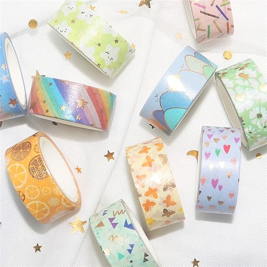 Candy Color Washi Tape Set 12 Rolls Bronzing Decorative Holiday Arts and Craft Washi Masking Tapes for Scrapbooking,Bullet Journal, Planner,Gift Wrapping, Stationery