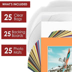 Mat Board Center, Pack of 25, 11x14 for 8x10 Mix Color Picture Mat Sets - Acid Free, 4-ply Thickness, Bevel Pre-Cut White Core - Includes Backing Boards and Clear Bags - for Pictures, Photos, Framing