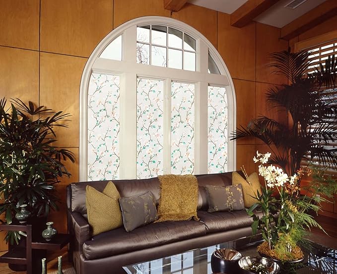 VSUDO Static Cling Decorative Window Privacy Film – Frosted Privacy Window Film with Jasmine Floral & Stained Glass Design, Adhesive-Free Tint for Home, Bathroom & Office (17.5" x 78.7")