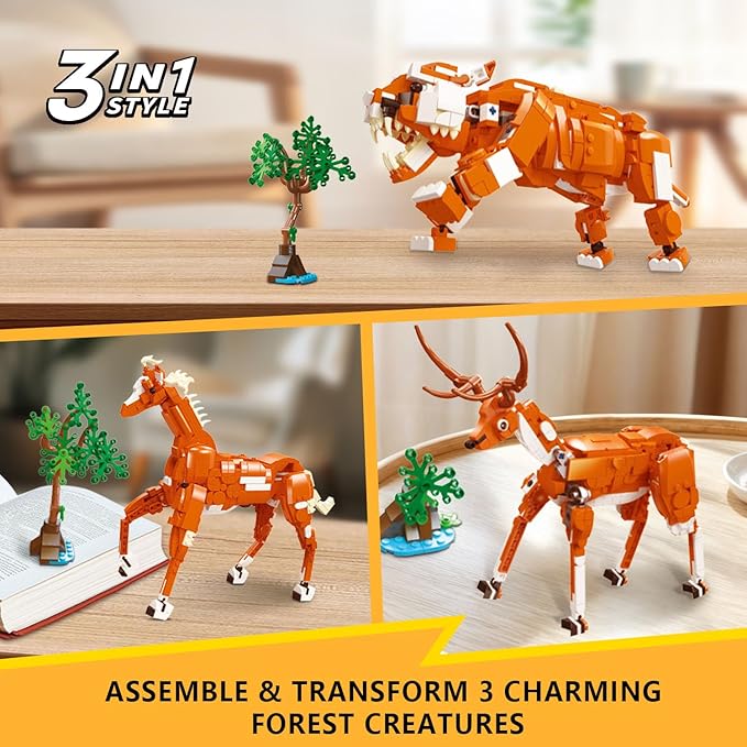 Creator 3 in 1 Building Set, Rebuilds into 3 Different Safari Animal Figures- Tiger/Sika Deer/Horse, Compatible with Lego Sets for Boys 6+/8-14 (747pcs)