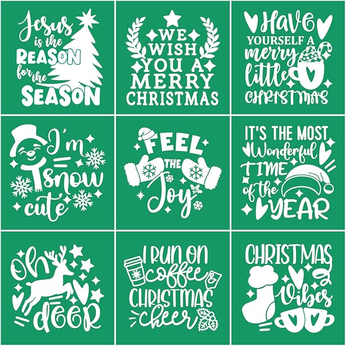 Reusable Self Adhesive Silk Screen Stencil Christmas Tree Snowman Deer Joy Stencils Silk Screen Transfer Winter Xmas Mesh Stencil for Craft on Wood, Fabric, Mug, Window, DIY Home Christmas Decor