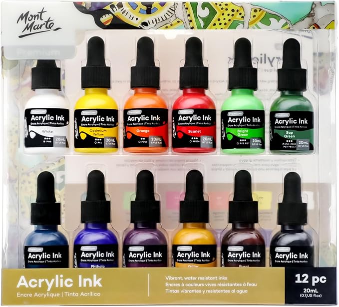 Mont Marte Acrylic Ink Premium 12pc x 20ml (0.7 US fl.oz), Acrylic Inks for Artists, Essential Colors, Ideal for Air Brush, Pouring Art, Scrapbooking, Ink Drawing, Mixed Media
