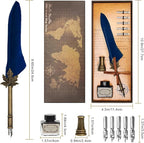 AHIER Quill Pen and Ink Set, Feather Pen Quill Pen Set Includes 5 Steel Replacement Nibs,Pen Nib Base and Dip Ink Bottle for Antique Calligraphy (Blue)