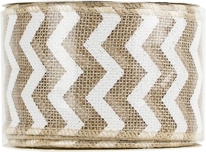 MEEDEE Burlap Ribbon with White Chevron Pattern - 2.5 Inch Wired Ribbon for Cakes, Wreaths, Rustic Decor, Baby Showers, Beach Parties, Farmhouse Gifts - 10 Yards