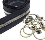 Leekayer 5# Black Nylon Zipper Tape Brass Teeth 10 Yards Continuous Zipper with 25 pcs Ring Pull Silders Bulk(Antique Brass)