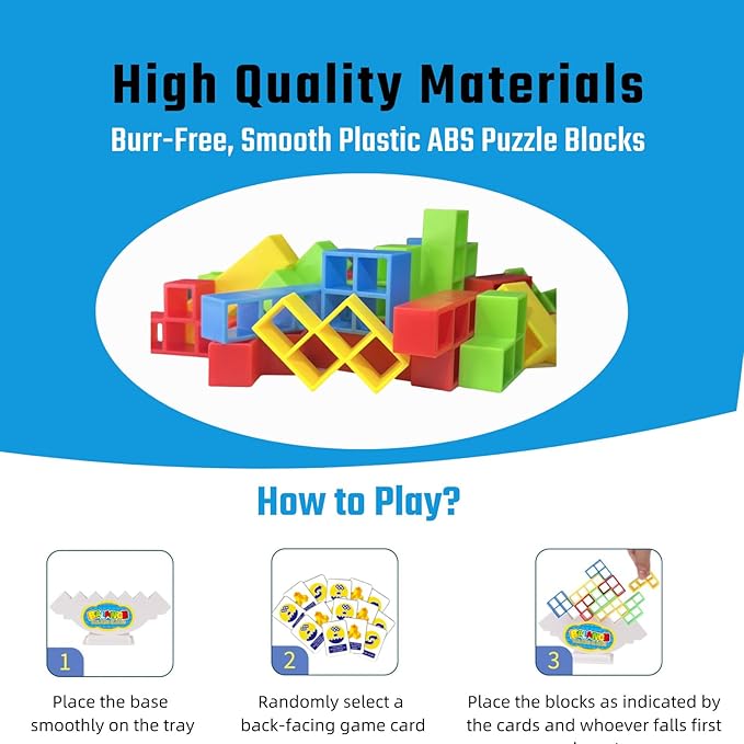 64 Pcs Tetra Tower Stack Game, Team Tower Tumble Giant Stacking Game, Balance Stacking Blocks Game for Kids Ages 6-12 & Adults, Family Party Board Games, Educational STEM Toys (2-4 Players)