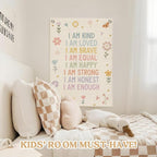 Affirmations Wall Hanging Art for Kids, Flower Wall Art I Am Kind Linen Canvas Banner, Girls Room Decor, Kid's Bedroom, Affirmations Wall Banner, Inspirational Nursery Decor 18x25 Inch