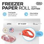 White Freezer Paper 24" x 13200" (1100 feet) with Cutter - USA-made Large Freezer Paper Roll for Meat & Fish - Poly-Coated Food Wrapping Material for Freezing by IDL Packaging