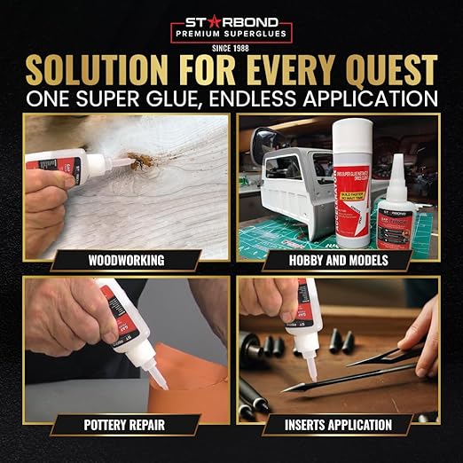 Starbond 2 oz Thick CA Glue with 6 oz Aerosol Activator Bundle Premium Cyanoacrylate Super Glue for Mitre Joint Bonding, Woodworking, Carpentry, Archery Fletching