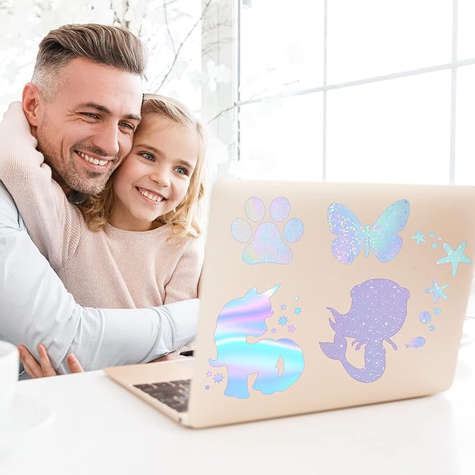 108 Sheets Holographic Sticker Paper Clear A4 Vinyl Sticker Laminate Sheets Adhesive Holographic Overlay Waterproof Transparent Film with Gem, Colorful, Dot, Star, 11.7 x 8.3 Inch