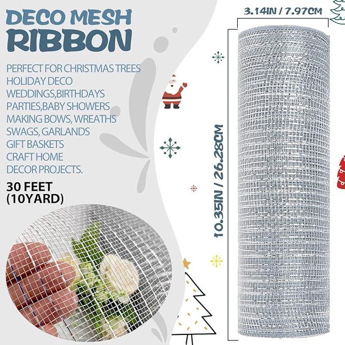 Anivia Deco Mesh Ribbon, 10inch x 30 Feet Each Roll Metallic Foil Mesh Ribbon for Wreaths Swags, Holloween, and Christmas Tree Decoration (Silver/Silver Foil)