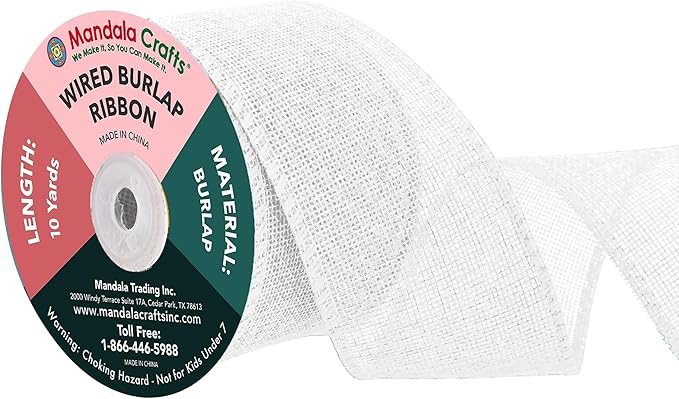 Mandala Crafts White Burlap Wired Ribbon 2.5 Inches Wide Jute Ribbons for Crafts - 10 Yds Roll Rustic Burlap Wrap Trim Ribbons for Wreaths Bows Party Decoration