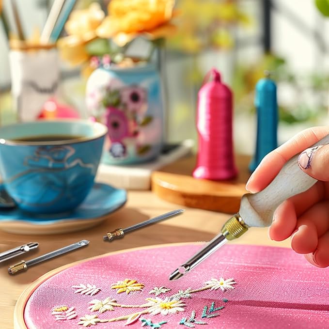 DiaWiew Adjustable Punch Needle Kit - Punch Needle Tool Include Wooden Handle Embroidery Pen Kits - Punch Needle Set for DIY Craft Decoration and Gifts - Perfect for Adults Beginners