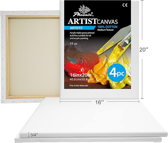 PHOENIX Professional Stretched Canvas for Painting - 16x20 Inch/4 Pack 3/4 Inch Profile, 100% Cotton 11 Oz. Heavy Duty Gesso Triple Primed White Blank Artist Canvases for Oil & Acrylic Paints