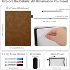 AGM Portable White Board Dry Erase Notebook, 12" x 9" Double Sided Folding Whiteboards with 3 Pens, Small Travel Dry Erase Board Skin-Friendly Material for Study, Meeting, Planning, Brown