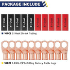 haisstronica 10pcs 1 AWG - 1/4" (M6) Battery Cable Lugs, Heavy Duty Copper Wire Lugs with 10pcs 3:1 Adhesive Heat Shrink Tubing, 1 Gauge Wire Connectors Battery Terminal Connectors, Battery Cable Ends