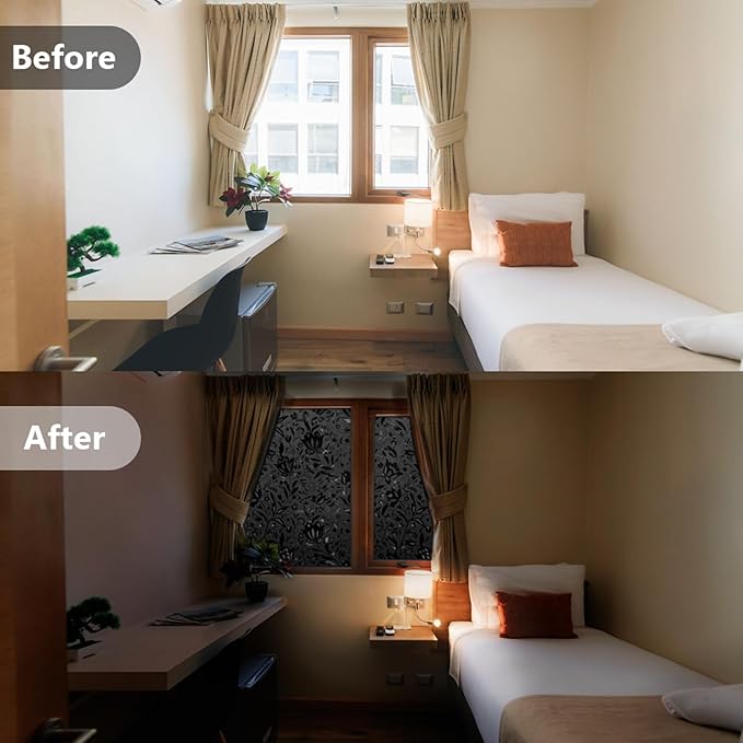 LEMON CLOUD Total Blackout Window Film Privacy Static Cling Frosted Black Window Covering 100% Opaque Film Tint Darkening Removable Film for High Privacy，(Blackout Tulip Design,17.5 x118.1 inches)