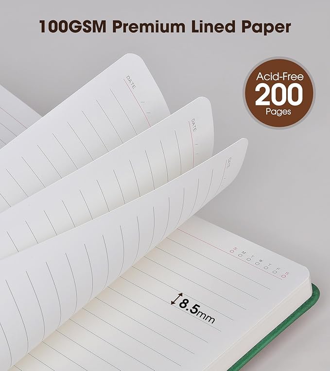 Green A5 Lined Leather Journal Notebook for Men Women,5.9" X 8.4" Personalized Hardcover Journal with Pen,200 Pages 100 Gsm Thick Ruled Paper Daily Diary for School,Travel,Work,Writing