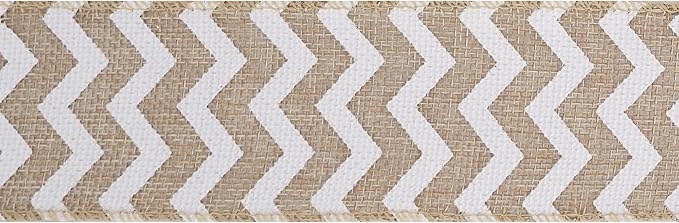 MEEDEE Burlap Ribbon with White Chevron Pattern - 2.5 Inch Wired Ribbon for Cakes, Wreaths, Rustic Decor, Baby Showers, Beach Parties, Farmhouse Gifts - 10 Yards
