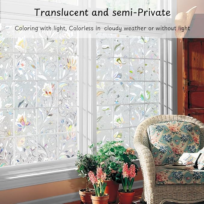 NINETREX Window Privacy Film,3D Stained Glass Window Film,Decorative Window Covering Sun Blocking Vinyl Static Cling Anti-UV Heat Control for Home Decor,Tulip 17.5 x 78.7inch