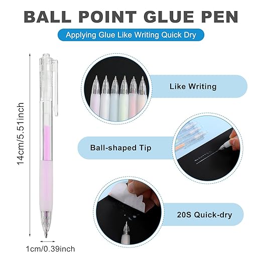 6 Pcs Glue Stick Pens for Crafting, Easy Precise Control Fine Tip, Quick Dry Paper Craft Glue for Card Making