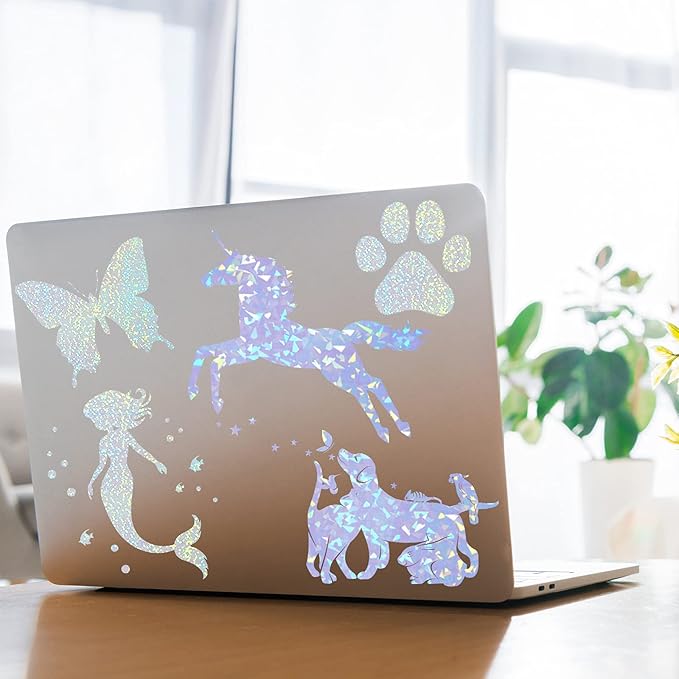 36 Sheets Holographic Sticker Paper Clear A4 Vinyl Sticker Paper Self Adhesive Waterproof Transparent Film Gem Rainbow Star Patterns, 11.7 x 8.3 Inch (Gem, Dot)