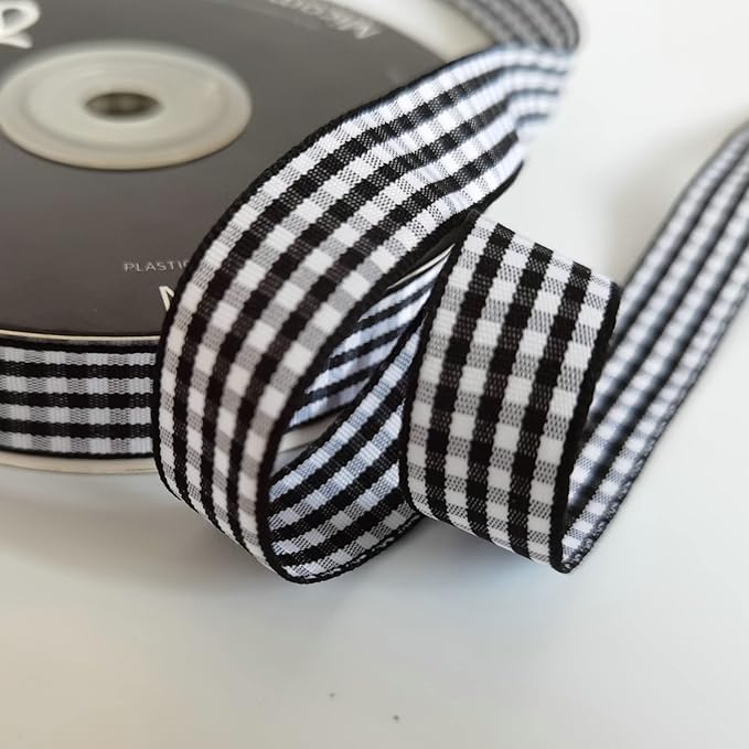 Black and White Wovon Edge Gingham Ribbon 25 Yard Each Roll 100% Polyester (5/8", Black)